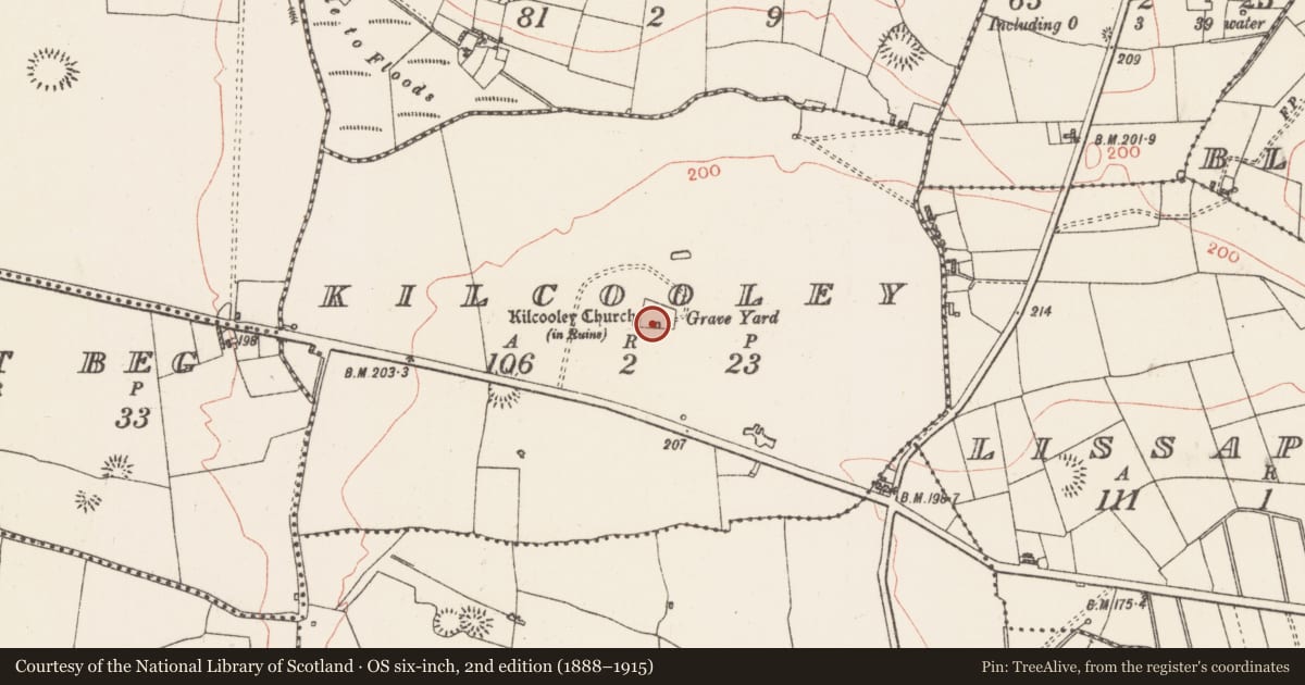 Ordnance Survey six-inch map, 2nd edition (1888–1915) covering the location of Church, Kilcooley, County Roscommon, with a pin at the register's coordinates