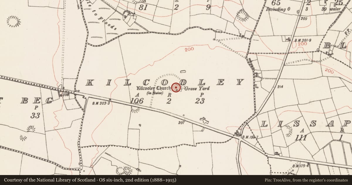 Ordnance Survey six-inch map, 2nd edition (1888–1915) covering the location of Architectural fragment, Kilcooley, County Roscommon, with a pin at the register's coordinates