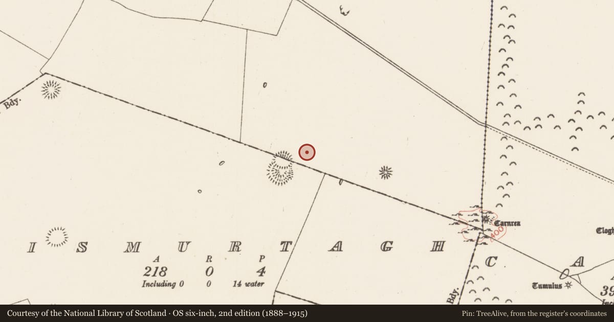 Ordnance Survey six-inch map, 2nd edition (1888–1915) covering the location of Barrow - mound barrow, Carrowgarve, County Roscommon, with a pin at the register's coordinates