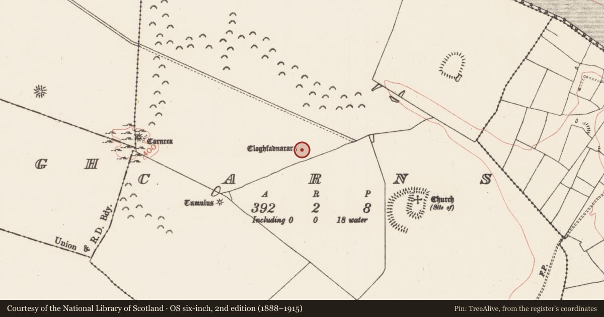 Ordnance Survey six-inch map, 2nd edition (1888–1915) covering the location of Standing stone, Carns, County Roscommon, with a pin at the register's coordinates