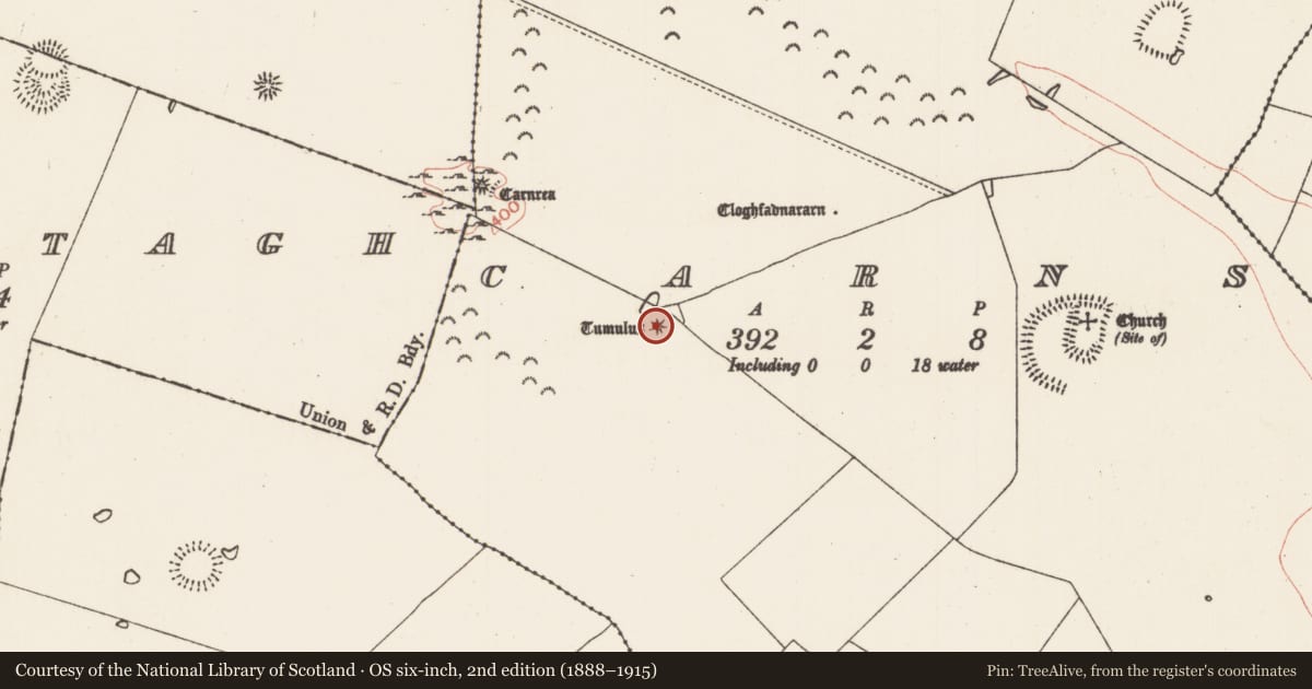 Ordnance Survey six-inch map, 2nd edition (1888–1915) covering the location of Barrow - bowl-barrow, Carns, County Roscommon, with a pin at the register's coordinates