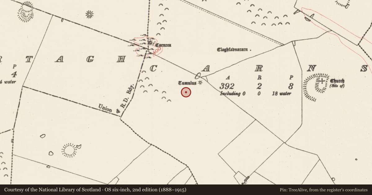 Ordnance Survey six-inch map, 2nd edition (1888–1915) covering the location of Barrow - ditch barrow, Carns, County Roscommon, with a pin at the register's coordinates