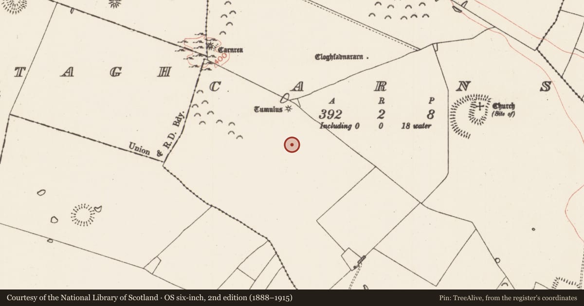 Ordnance Survey six-inch map, 2nd edition (1888–1915) covering the location of Barrow - ditch barrow, Carns, County Roscommon, with a pin at the register's coordinates