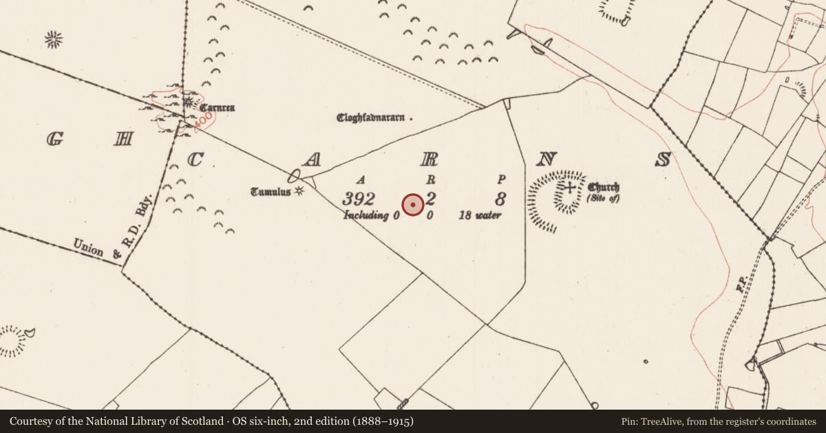 Ordnance Survey six-inch map, 2nd edition (1888–1915) covering the location of House - indeterminate date, Carns, County Roscommon, with a pin at the register's coordinates