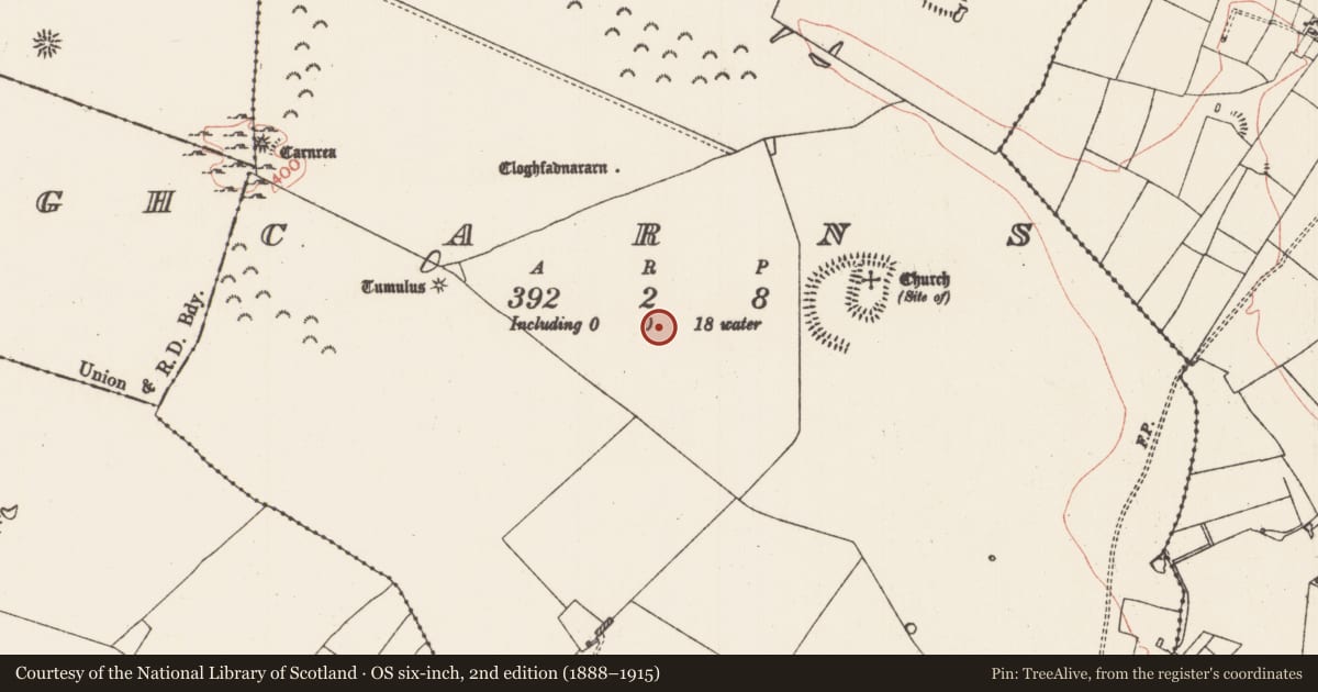 Ordnance Survey six-inch map, 2nd edition (1888–1915) covering the location of House - indeterminate date, Carns, County Roscommon, with a pin at the register's coordinates