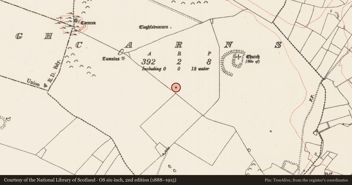 Ordnance Survey six-inch map, 2nd edition (1888–1915) covering the location of House - indeterminate date, Carns, County Roscommon, with a pin at the register's coordinates