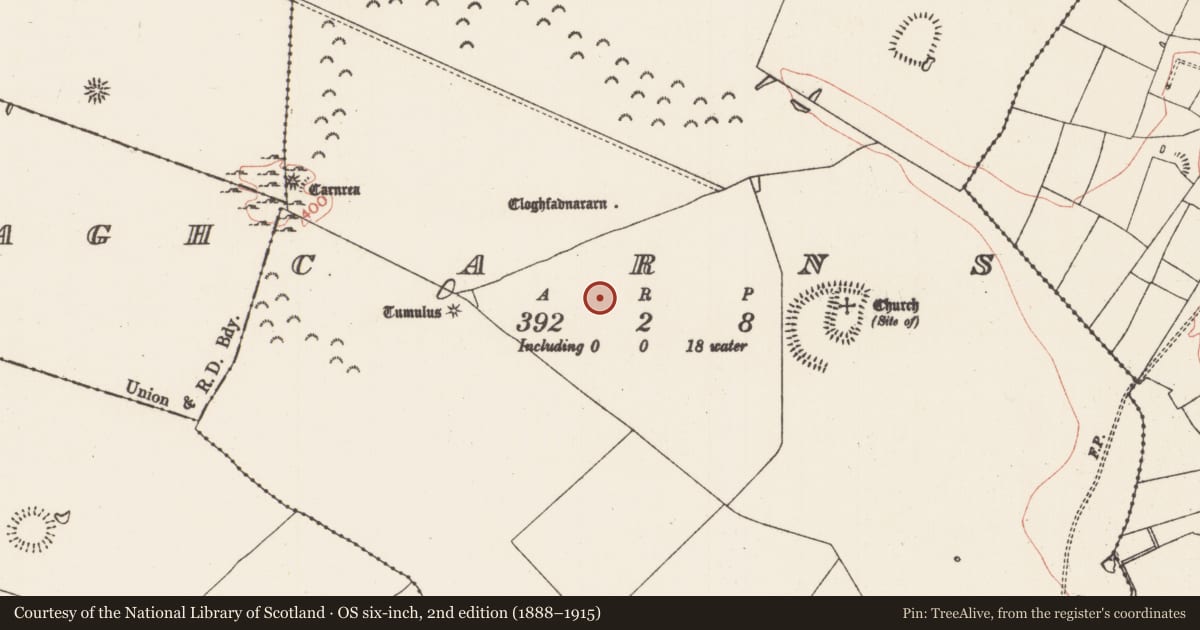 Ordnance Survey six-inch map, 2nd edition (1888–1915) covering the location of House - indeterminate date, Carns, County Roscommon, with a pin at the register's coordinates