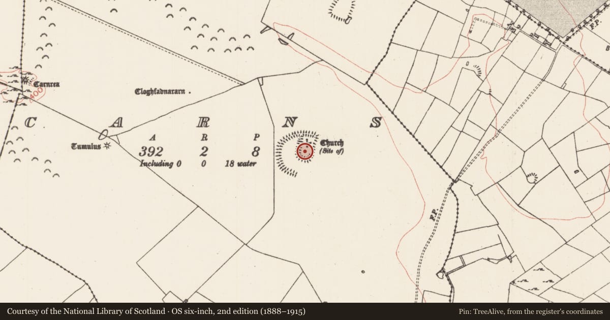 Ordnance Survey six-inch map, 2nd edition (1888–1915) covering the location of Enclosure, Carns, County Roscommon, with a pin at the register's coordinates