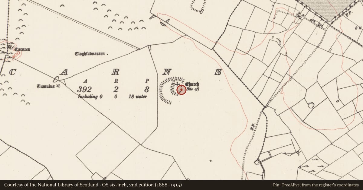 Ordnance Survey six-inch map, 2nd edition (1888–1915) covering the location of Burial, Carns, County Roscommon, with a pin at the register's coordinates