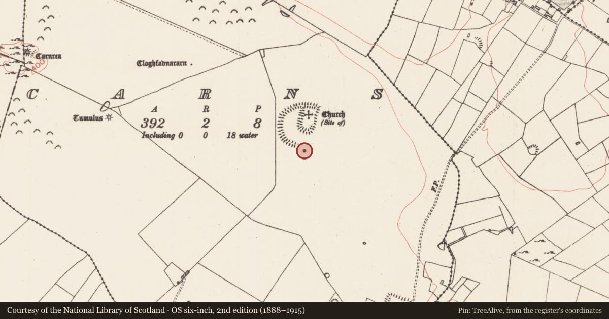Ordnance Survey six-inch map, 2nd edition (1888–1915) covering the location of Kiln - corn-drying, Carns, County Roscommon, with a pin at the register's coordinates