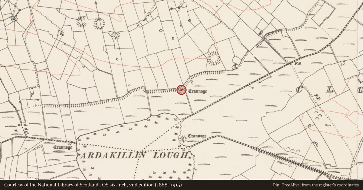 Ordnance Survey six-inch map, 2nd edition (1888–1915) covering the location of Crannog, Ardakillin, County Roscommon, with a pin at the register's coordinates