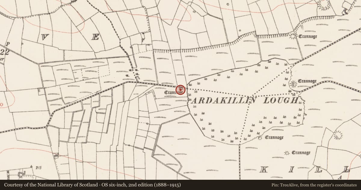 Ordnance Survey six-inch map, 2nd edition (1888–1915) covering the location of Crannog, Cloonmurray, County Roscommon, with a pin at the register's coordinates