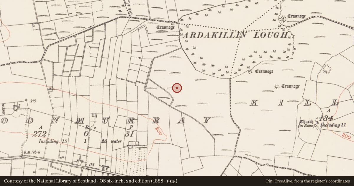 Ordnance Survey six-inch map, 2nd edition (1888–1915) covering the location of Crannog, Cloonmurray, County Roscommon, with a pin at the register's coordinates