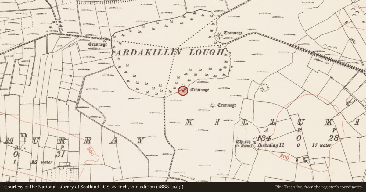 Ordnance Survey six-inch map, 2nd edition (1888–1915) covering the location of Crannog, Killukin, County Roscommon, with a pin at the register's coordinates