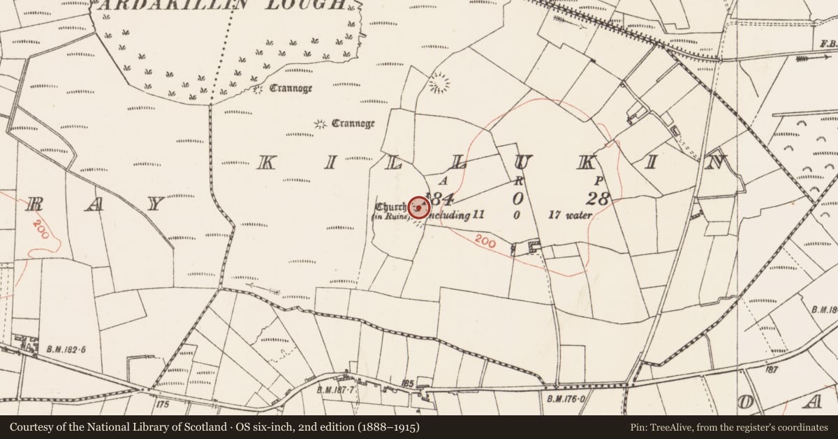 Ordnance Survey six-inch map, 2nd edition (1888–1915) covering the location of Church, Killukin, County Roscommon, with a pin at the register's coordinates