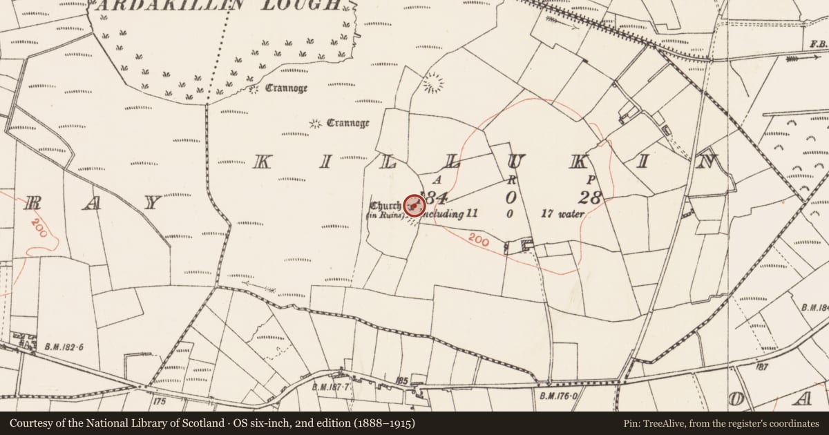Ordnance Survey six-inch map, 2nd edition (1888–1915) covering the location of Architectural feature, Killukin, County Roscommon, with a pin at the register's coordinates