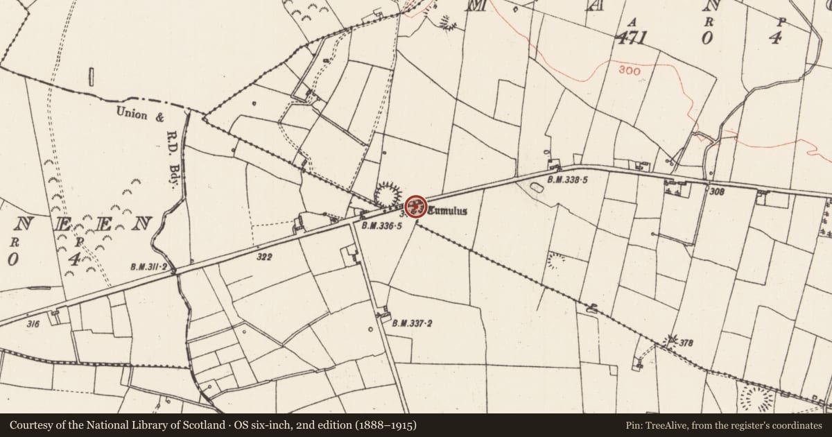 Ordnance Survey six-inch map, 2nd edition (1888–1915) covering the location of Barrow - mound barrow, Rathmore, County Roscommon, with a pin at the register's coordinates