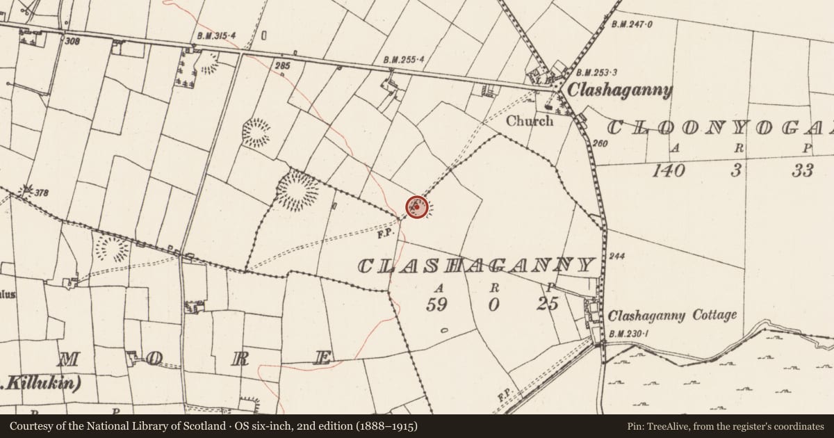 Ordnance Survey six-inch map, 2nd edition (1888–1915) covering the location of Ringfort - rath, Clashaganny, Manor, County Roscommon, with a pin at the register's coordinates