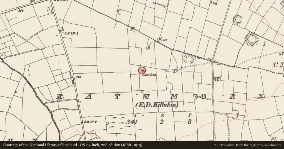 Ordnance Survey six-inch map, 2nd edition (1888–1915) covering the location of Barrow - bowl-barrow, Rathmore, County Roscommon, with a pin at the register's coordinates