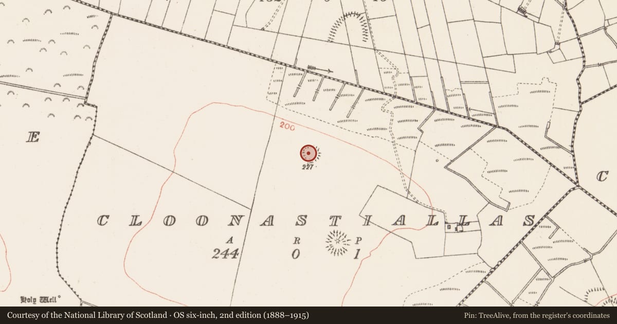 Ordnance Survey six-inch map, 2nd edition (1888–1915) covering the location of Ringfort - rath, Cloonastiallas, County Roscommon, with a pin at the register's coordinates