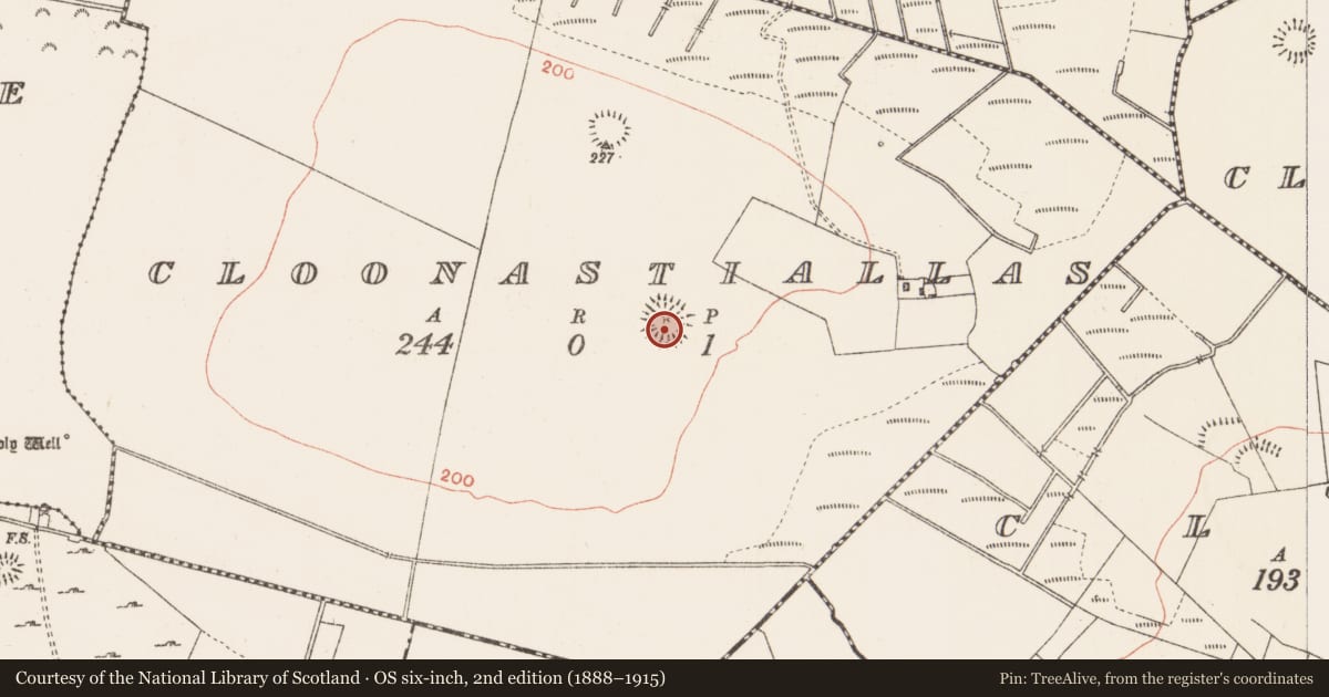 Ordnance Survey six-inch map, 2nd edition (1888–1915) covering the location of Ringfort - rath, Cloonastiallas, County Roscommon, with a pin at the register's coordinates