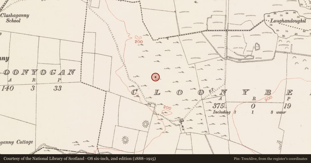 Ordnance Survey six-inch map, 2nd edition (1888–1915) covering the location of House - indeterminate date, Cloonybeirne, County Roscommon, with a pin at the register's coordinates