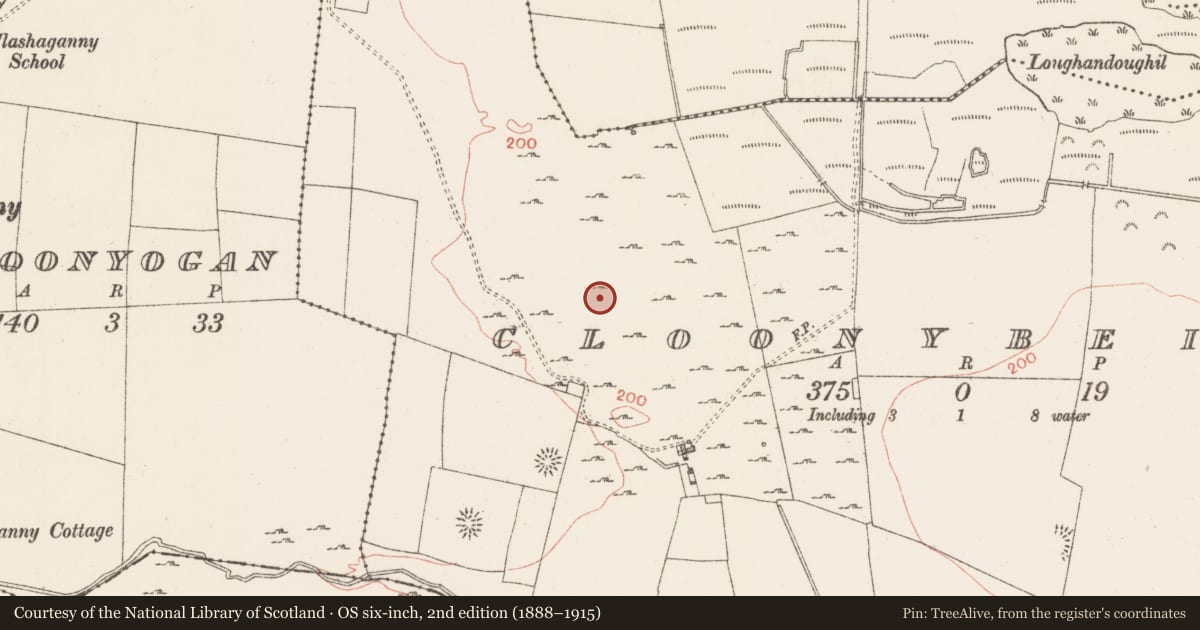 Ordnance Survey six-inch map, 2nd edition (1888–1915) covering the location of House - indeterminate date, Cloonybeirne, County Roscommon, with a pin at the register's coordinates