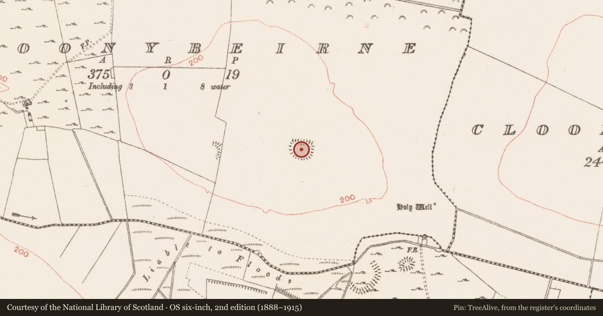Ordnance Survey six-inch map, 2nd edition (1888–1915) covering the location of Moated site, Cloonybeirne, County Roscommon, with a pin at the register's coordinates