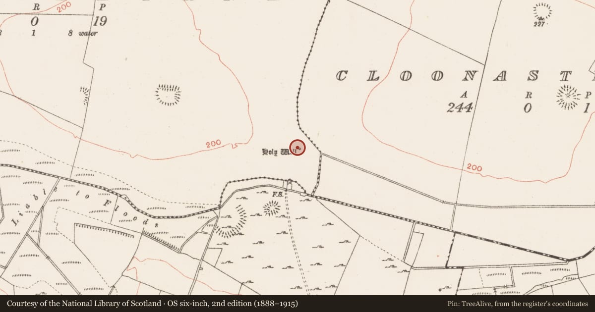 Ordnance Survey six-inch map, 2nd edition (1888–1915) covering the location of Ritual site - holy well, Cloonybeirne, County Roscommon, with a pin at the register's coordinates
