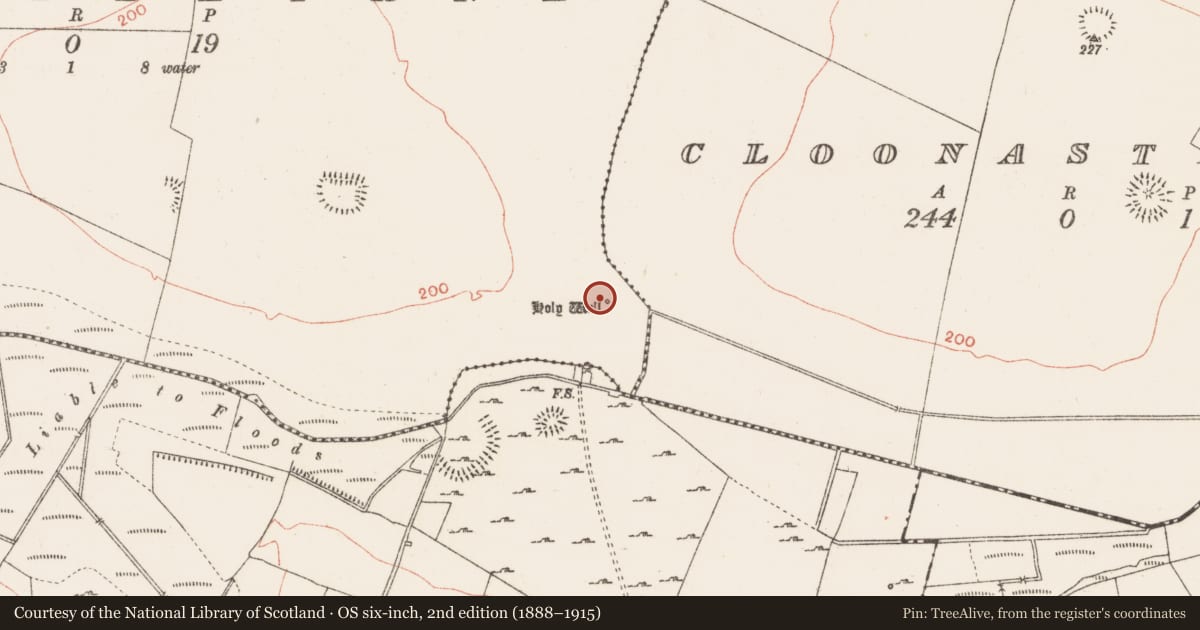 Ordnance Survey six-inch map, 2nd edition (1888–1915) covering the location of Penitential station, Cloonybeirne, County Roscommon, with a pin at the register's coordinates