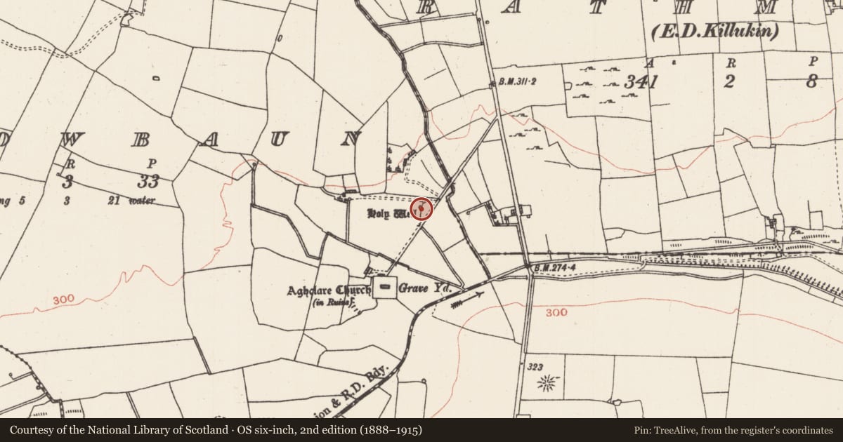 Ordnance Survey six-inch map, 2nd edition (1888–1915) covering the location of Penitential station, Carrowbaun, County Roscommon, with a pin at the register's coordinates