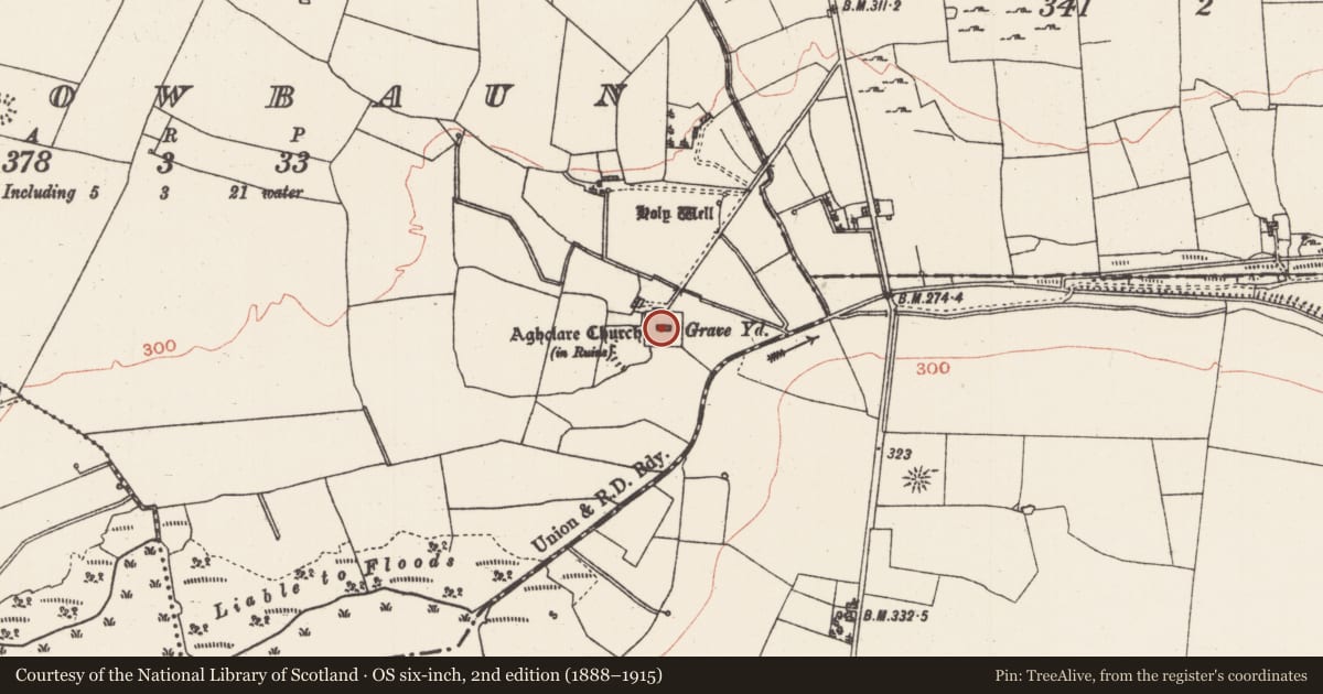 Ordnance Survey six-inch map, 2nd edition (1888–1915) covering the location of Church, Carrowbaun, County Roscommon, with a pin at the register's coordinates