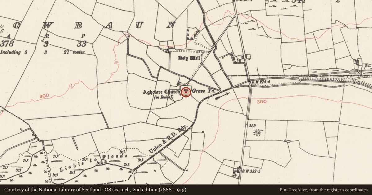 Ordnance Survey six-inch map, 2nd edition (1888–1915) covering the location of Graveyard, Carrowbaun, County Roscommon, with a pin at the register's coordinates