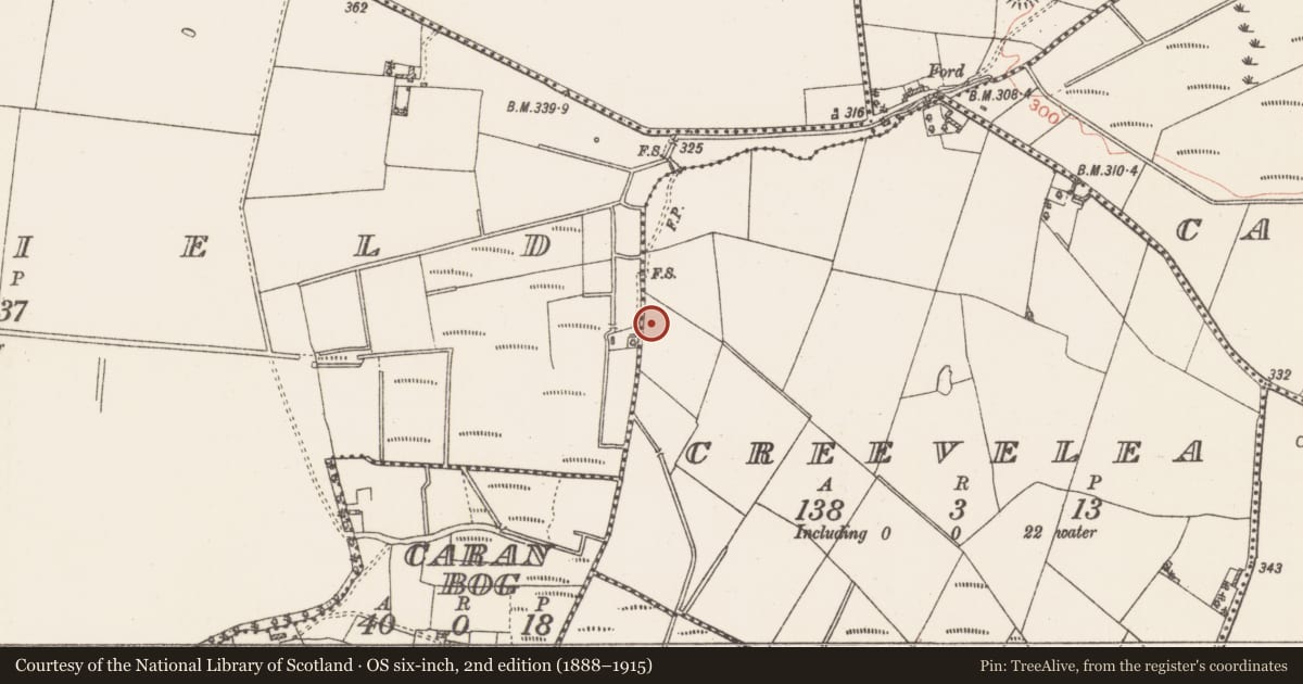 Ordnance Survey six-inch map, 2nd edition (1888–1915) covering the location of Earthwork, Creevelea, County Roscommon, with a pin at the register's coordinates