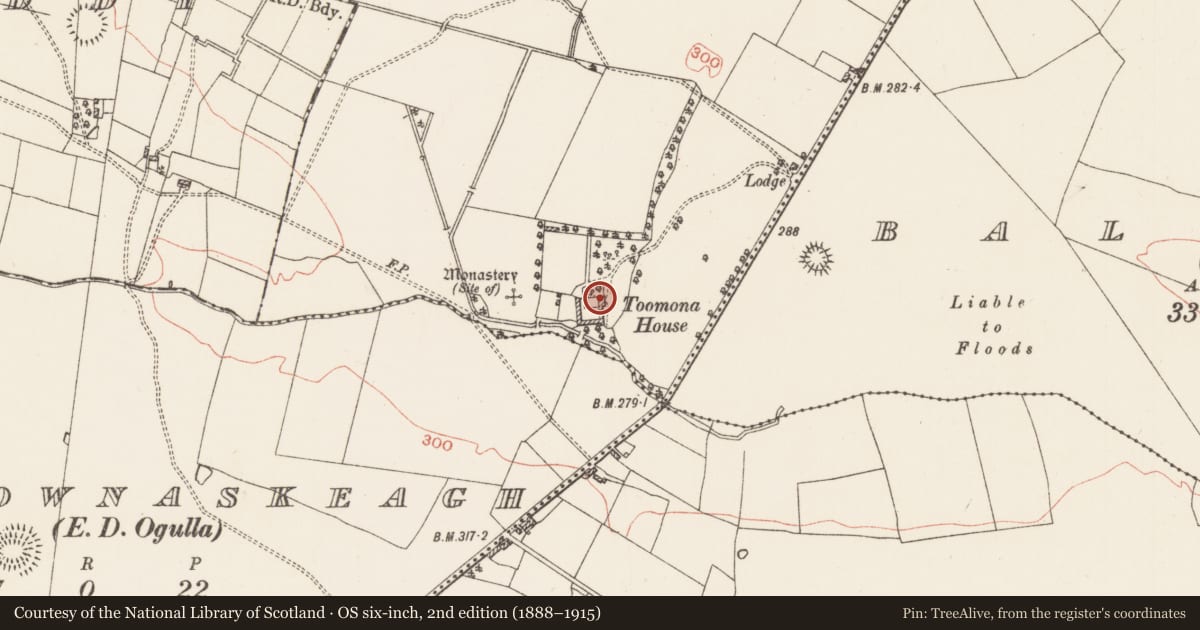 Ordnance Survey six-inch map, 2nd edition (1888–1915) covering the location of House - 18th/19th century, Toomona, County Roscommon, with a pin at the register's coordinates