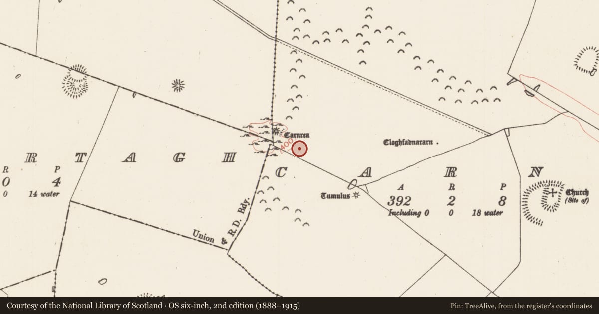Ordnance Survey six-inch map, 2nd edition (1888–1915) covering the location of Barrow - mound barrow, Carns, County Roscommon, with a pin at the register's coordinates
