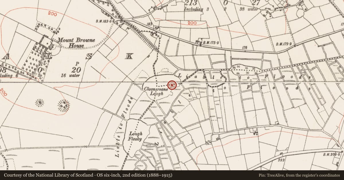 Ordnance Survey six-inch map, 2nd edition (1888–1915) covering the location of Crannog, Cloonfree, County Roscommon, with a pin at the register's coordinates