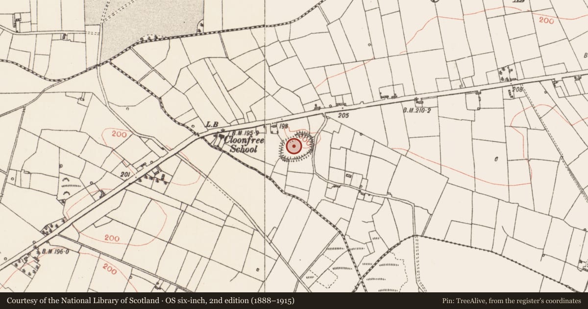 Ordnance Survey six-inch map, 2nd edition (1888–1915) covering the location of Hilltop enclosure, Cloonfree, County Roscommon, with a pin at the register's coordinates