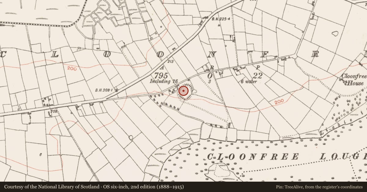 Ordnance Survey six-inch map, 2nd edition (1888–1915) covering the location of Ringfort - rath, Cloonfree, County Roscommon, with a pin at the register's coordinates