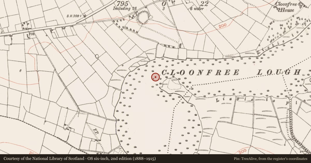 Ordnance Survey six-inch map, 2nd edition (1888–1915) covering the location of Crannog, Cloonfree, County Roscommon, with a pin at the register's coordinates