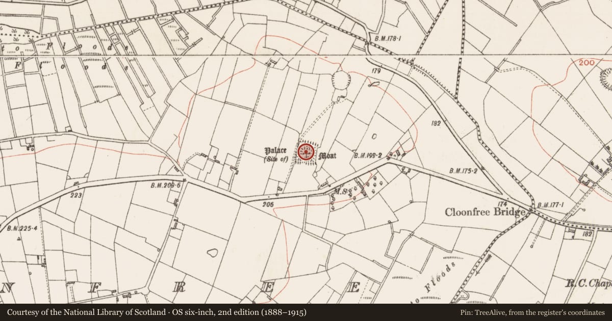 Ordnance Survey six-inch map, 2nd edition (1888–1915) covering the location of Moated site, Cloonfree, County Roscommon, with a pin at the register's coordinates