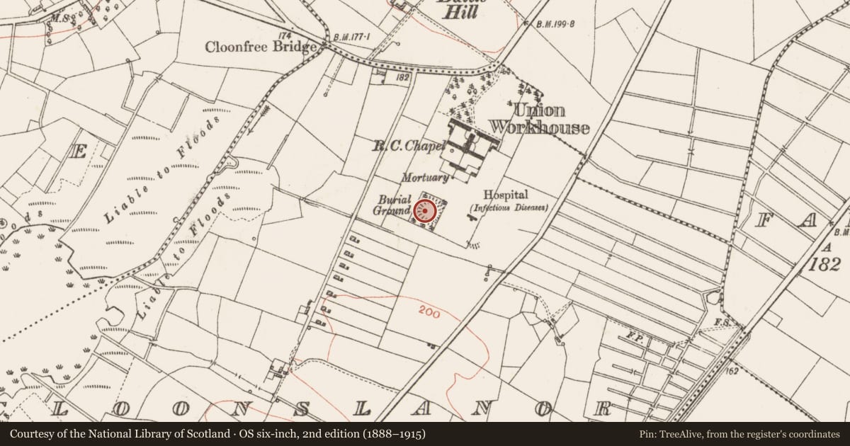 Ordnance Survey six-inch map, 2nd edition (1888–1915) covering the location of Ringfort - rath, Cloonslanor, County Roscommon, with a pin at the register's coordinates