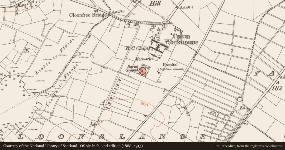 Ordnance Survey six-inch map, 2nd edition (1888–1915) covering the location of Burial ground, Cloonslanor, County Roscommon, with a pin at the register's coordinates