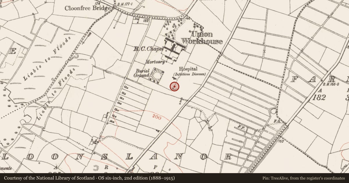 Ordnance Survey six-inch map, 2nd edition (1888–1915) covering the location of Ringfort - rath, Cloonslanor, County Roscommon, with a pin at the register's coordinates