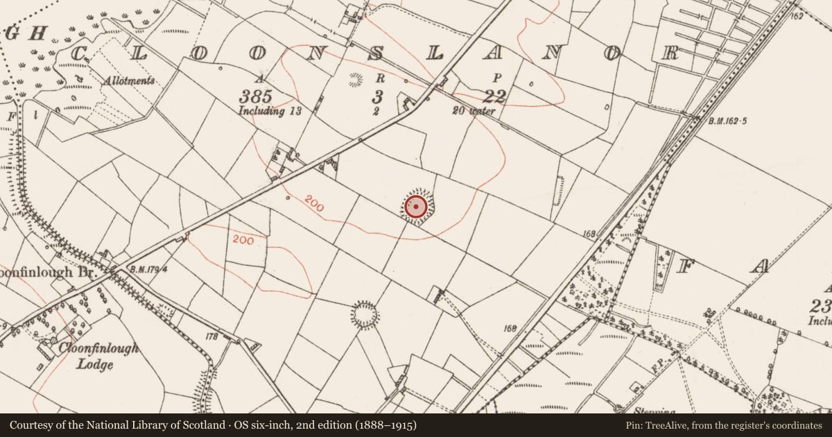 Ordnance Survey six-inch map, 2nd edition (1888–1915) covering the location of Ringfort - rath, Cloonslanor, County Roscommon, with a pin at the register's coordinates