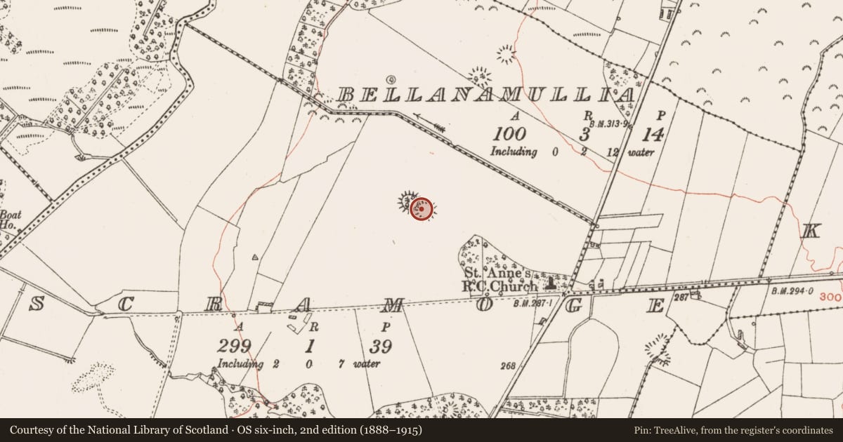 Ordnance Survey six-inch map, 2nd edition (1888–1915) covering the location of Enclosure, Scramoge, County Roscommon, with a pin at the register's coordinates