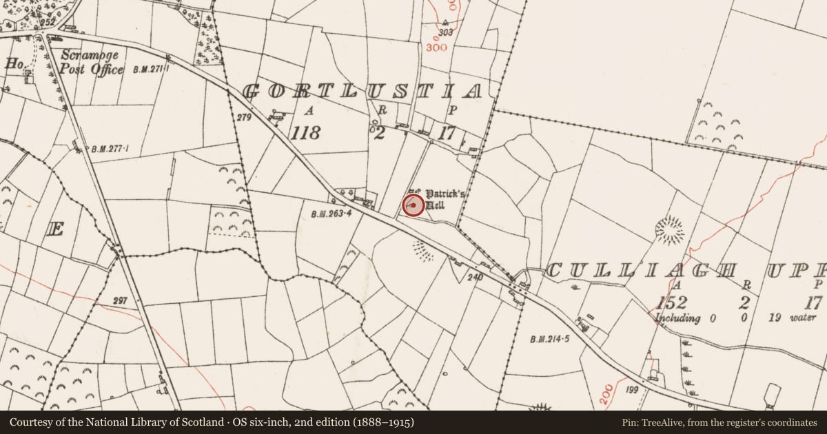 Ordnance Survey six-inch map, 2nd edition (1888–1915) covering the location of Ritual site - holy well, Gortlustia, County Roscommon, with a pin at the register's coordinates