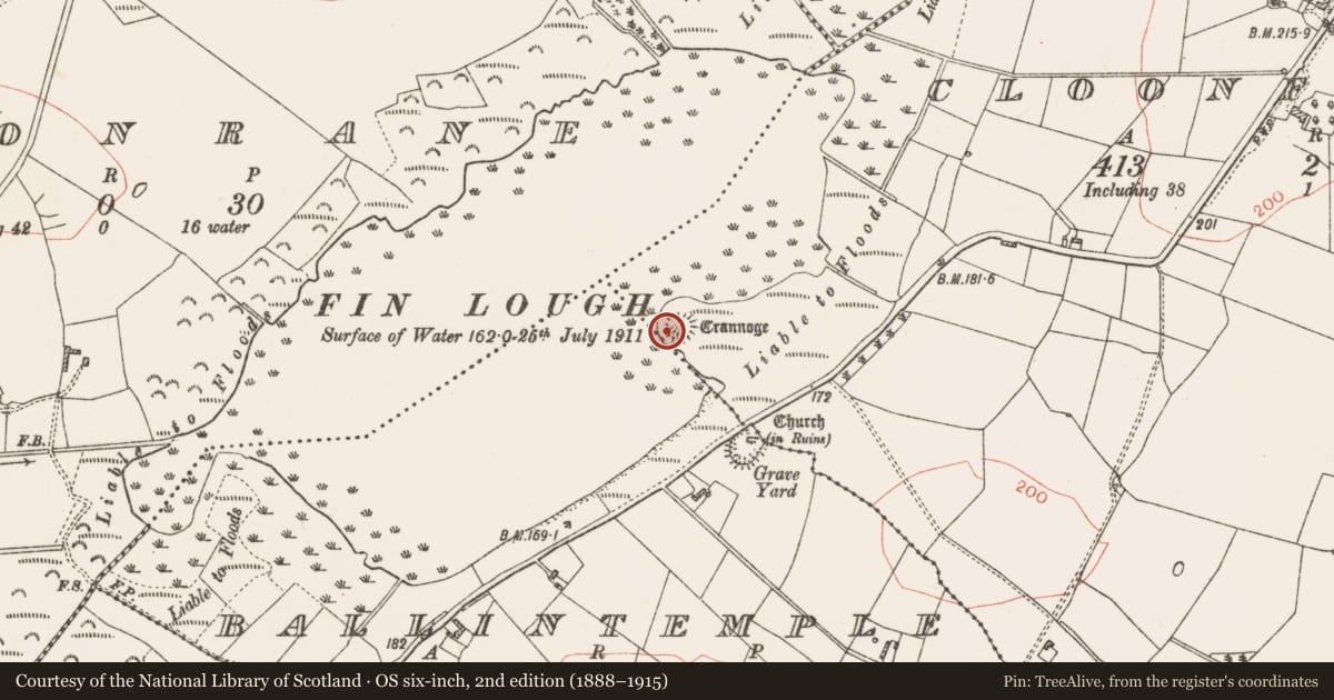 Ordnance Survey six-inch map, 2nd edition (1888–1915) covering the location of Crannog, Cloonfinlough, County Roscommon, with a pin at the register's coordinates