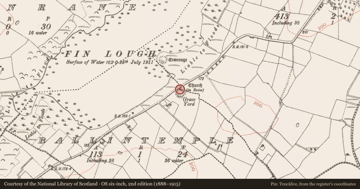 Ordnance Survey six-inch map, 2nd edition (1888–1915) covering the location of Church, Ballintemple, County Roscommon, with a pin at the register's coordinates