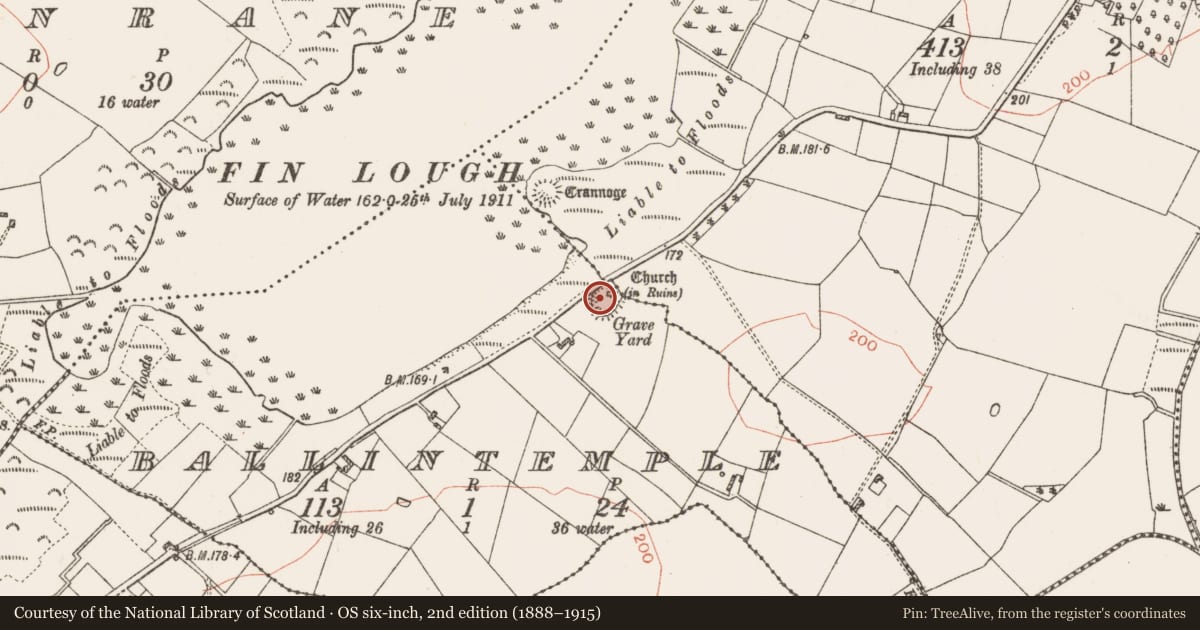 Ordnance Survey six-inch map, 2nd edition (1888–1915) covering the location of Graveyard, Ballintemple, County Roscommon, with a pin at the register's coordinates